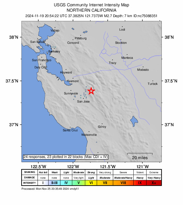 USGS DYFI community-reported intensity map for the M2.7 earthquake near 8 km E of Alum Rock, CA