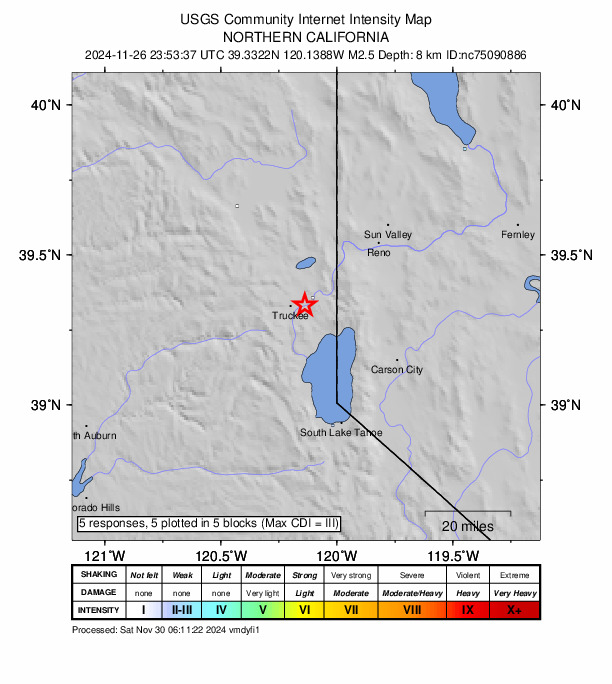 USGS DYFI community-reported intensity map for the M2.5 earthquake near 4 km E of Truckee, CA