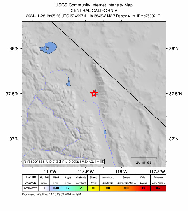 USGS DYFI community-reported intensity map for the M2.7 earthquake near 13 km NNE of Dixon Lane-Meadow Creek, CA