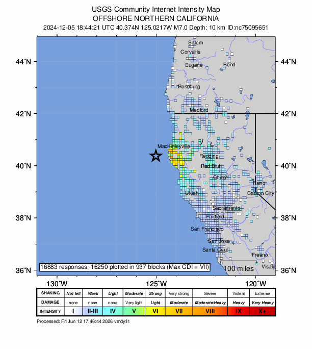 USGS DYFI community-reported intensity map for the M7.0 earthquake near 2024 Offshore Cape Mendocino, California Earthquake