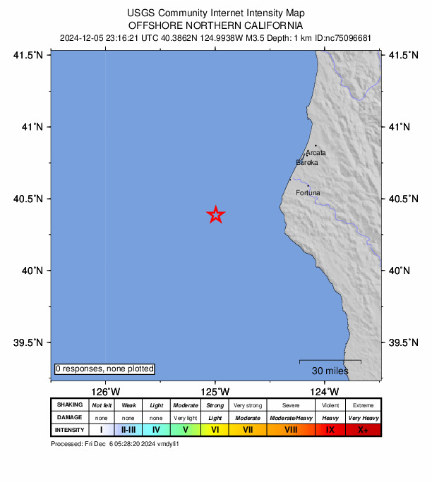 USGS DYFI community-reported intensity map for the M3.4 earthquake near 54 km WNW of Petrolia, CA