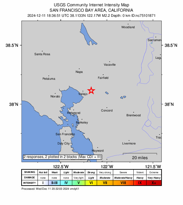 USGS DYFI community-reported intensity map for the M2.2 earthquake near 6 km E of Vallejo, CA
