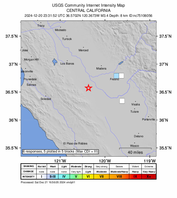 USGS DYFI community-reported intensity map for the M3.4 earthquake near 9 km NNW of Cantua Creek, CA