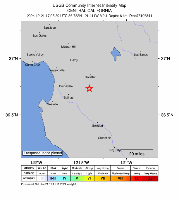 USGS DYFI community-reported intensity map for the M2.1 earthquake near 10 km SW of Ridgemark, CA