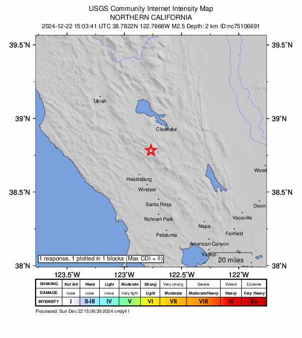 USGS DYFI community-reported intensity map for the M2.5 earthquake near 1 km NW of The Geysers, CA