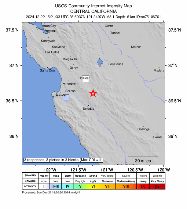 USGS DYFI community-reported intensity map for the M3.1 earthquake near 12 km NW of Pinnacles, CA