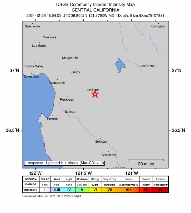 USGS DYFI community-reported intensity map for the M2.1 earthquake near 2 km SW of Ridgemark, CA
