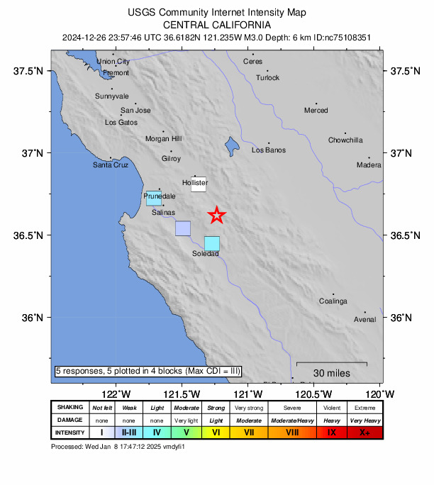 USGS DYFI community-reported intensity map for the M3.0 earthquake near 13 km NNW of Pinnacles, CA
