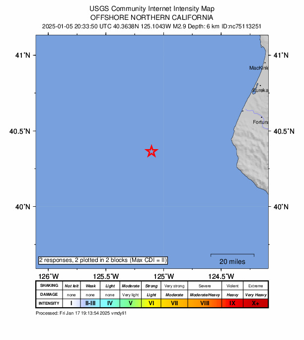 USGS DYFI community-reported intensity map for the M2.9 earthquake near 70 km WNW of Petrolia, CA