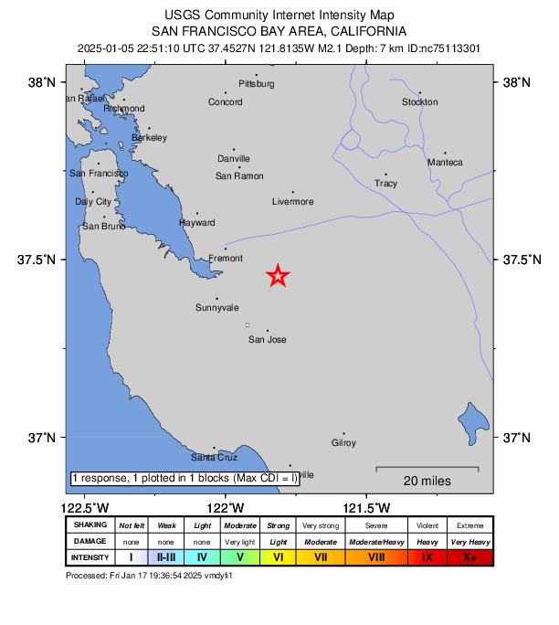 USGS DYFI community-reported intensity map for the M2.1 earthquake near 9 km E of Milpitas, CA