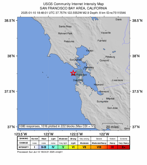 USGS DYFI community-reported intensity map for the M2.9 earthquake near 5 km NW of San Francisco Zoo, CA