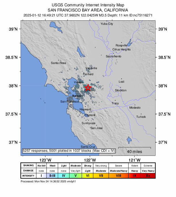USGS DYFI community-reported intensity map for the M3.5 earthquake near 2 km ENE of Pleasant Hill, CA