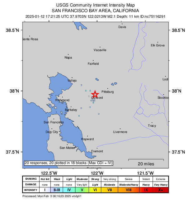 USGS DYFI community-reported intensity map for the M2.1 earthquake near 1 km NW of Concord, CA