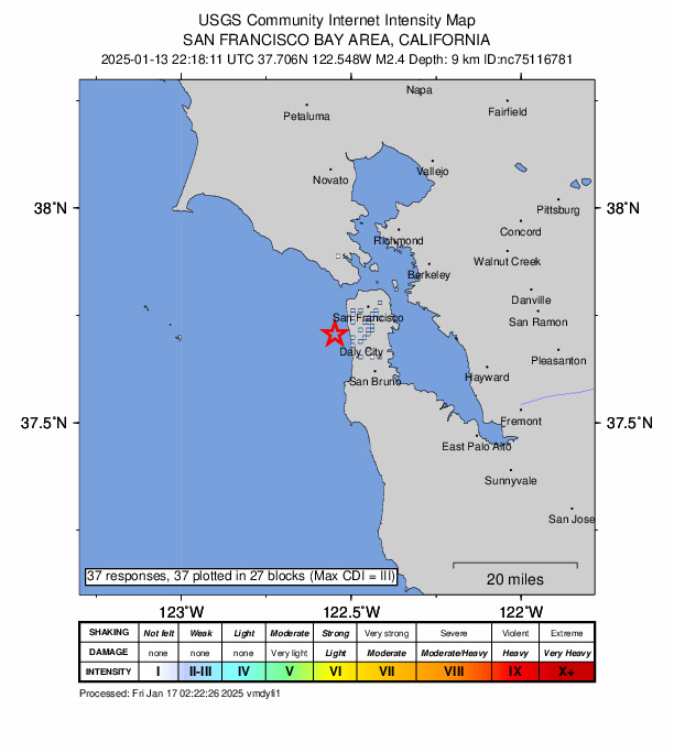 USGS DYFI community-reported intensity map for the M2.4 earthquake near 5 km WSW of San Francisco Zoo, CA