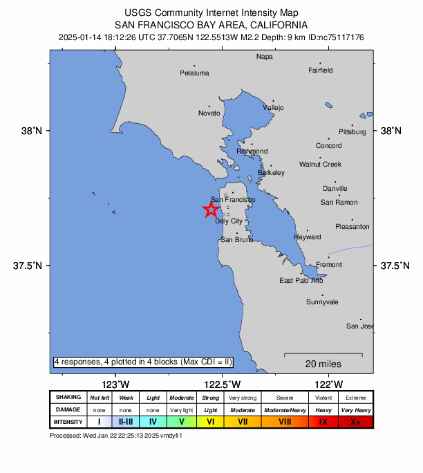 USGS DYFI community-reported intensity map for the M2.2 earthquake near 5 km WSW of San Francisco Zoo, CA
