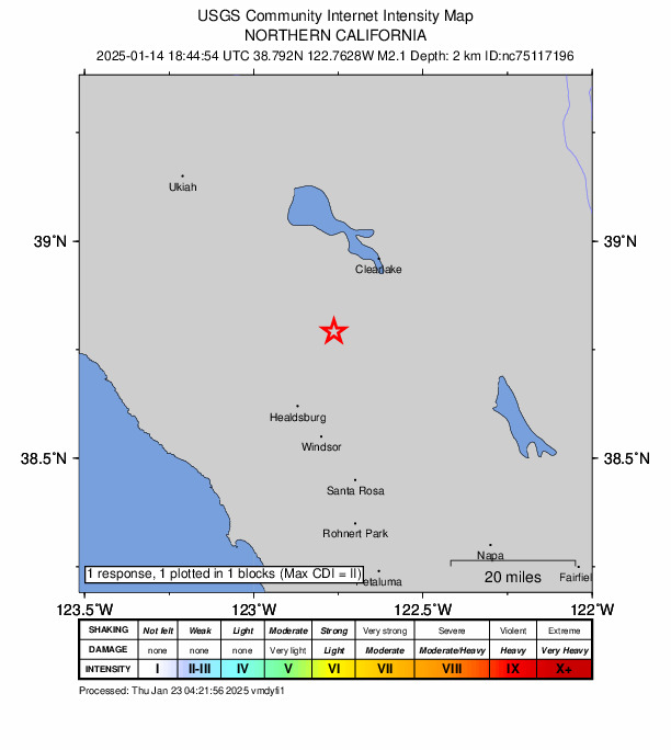 USGS DYFI community-reported intensity map for the M2.1 earthquake near 2 km of The Geysers, CA