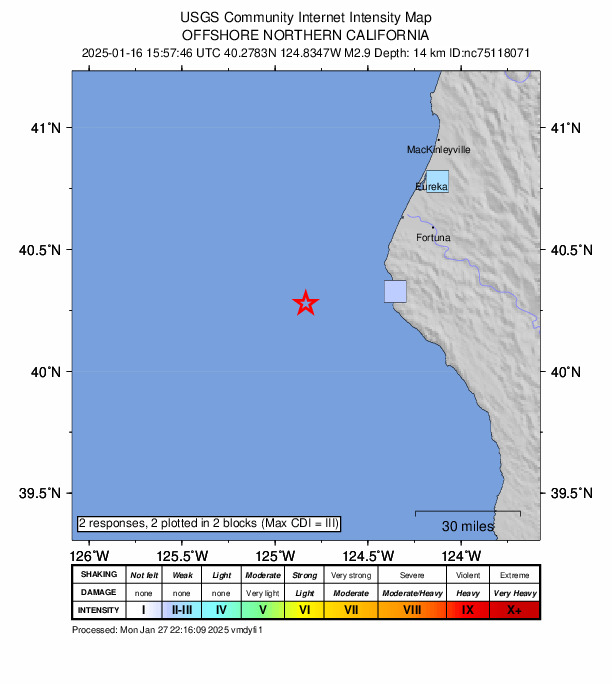 USGS DYFI community-reported intensity map for the M2.9 earthquake near 47 km W of Petrolia, CA