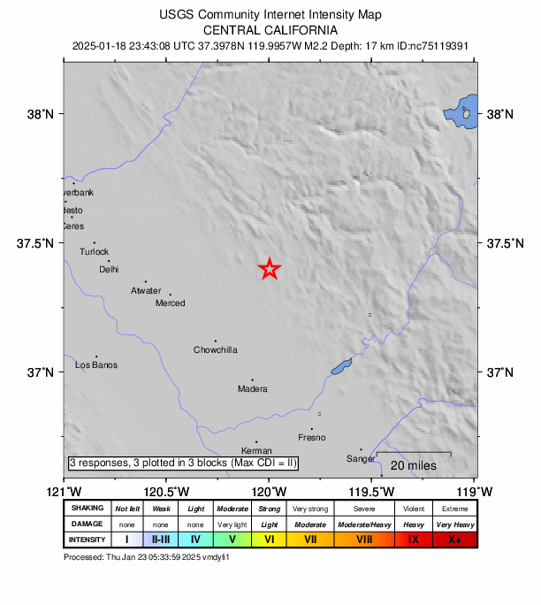 USGS DYFI community-reported intensity map for the M2.2 earthquake near 10 km SSW of Mariposa, CA