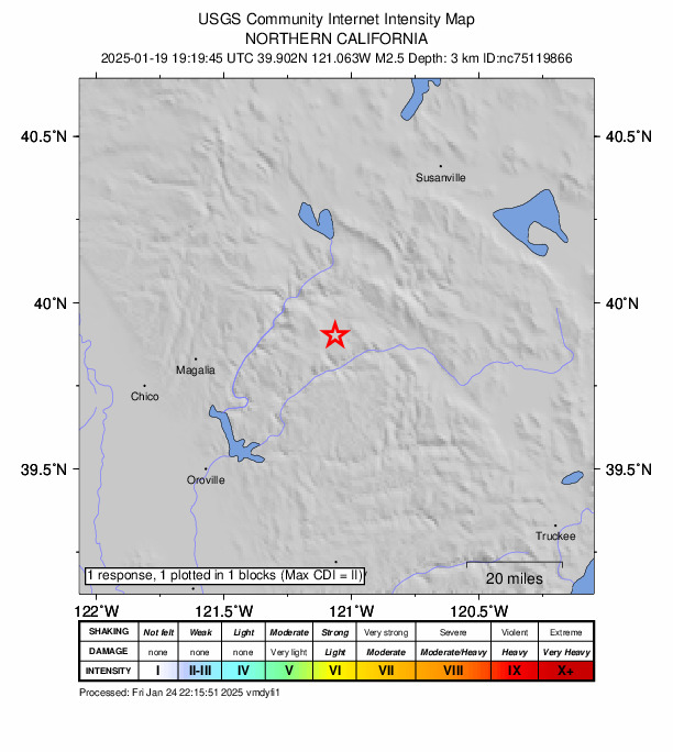 USGS DYFI community-reported intensity map for the M2.5 earthquake near 4 km SSW of Meadow Valley, CA