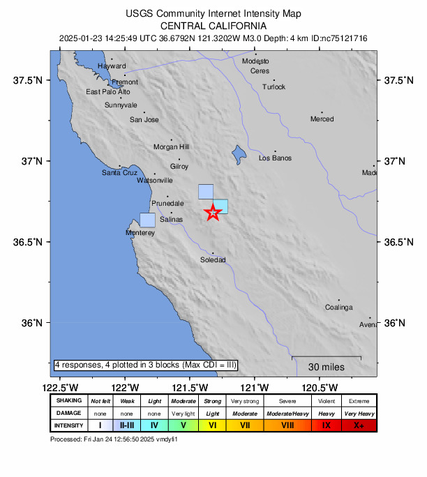 USGS DYFI community-reported intensity map for the M3.0 earthquake near 12 km SSW of Tres Pinos, CA