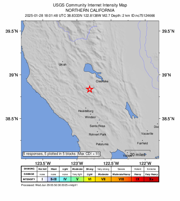 USGS DYFI community-reported intensity map for the M2.7 earthquake near 8 km WNW of Cobb, CA
