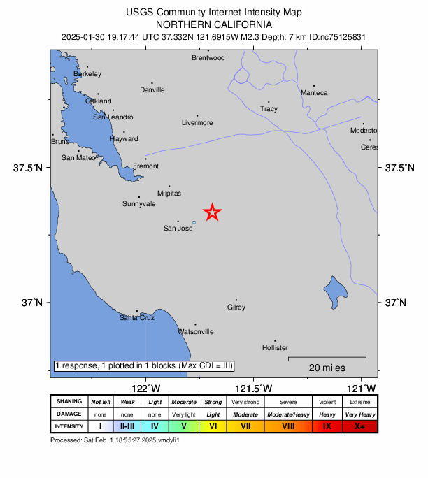 USGS DYFI community-reported intensity map for the M2.3 earthquake near 13 km ESE of Alum Rock, CA