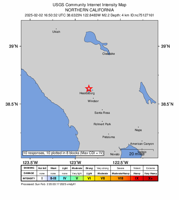USGS DYFI community-reported intensity map for the M2.2 earthquake near 3 km NE of Healdsburg, CA