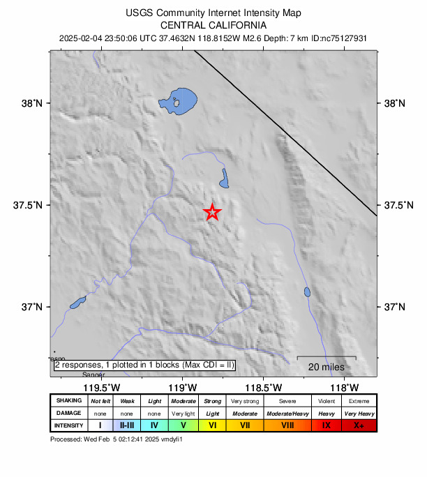 USGS DYFI community-reported intensity map for the M2.6 earthquake near 16 km WSW of Toms Place, CA