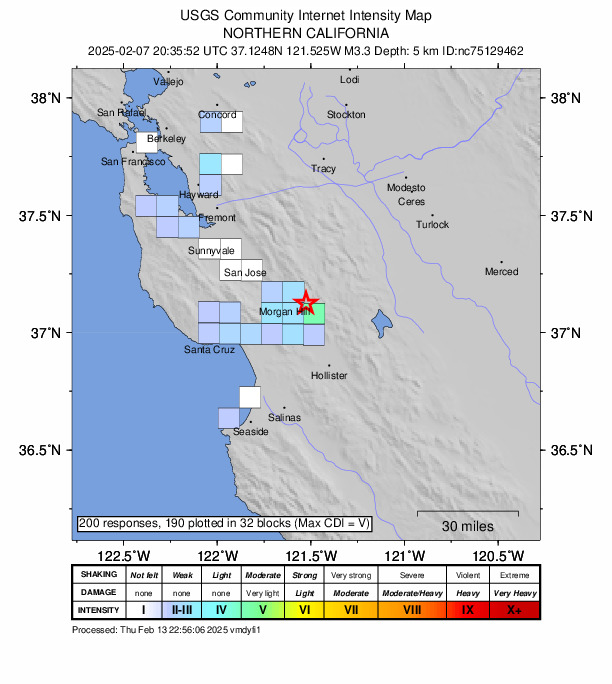 USGS DYFI community-reported intensity map for the M3.3 earthquake near 9 km ENE of San Martin, CA