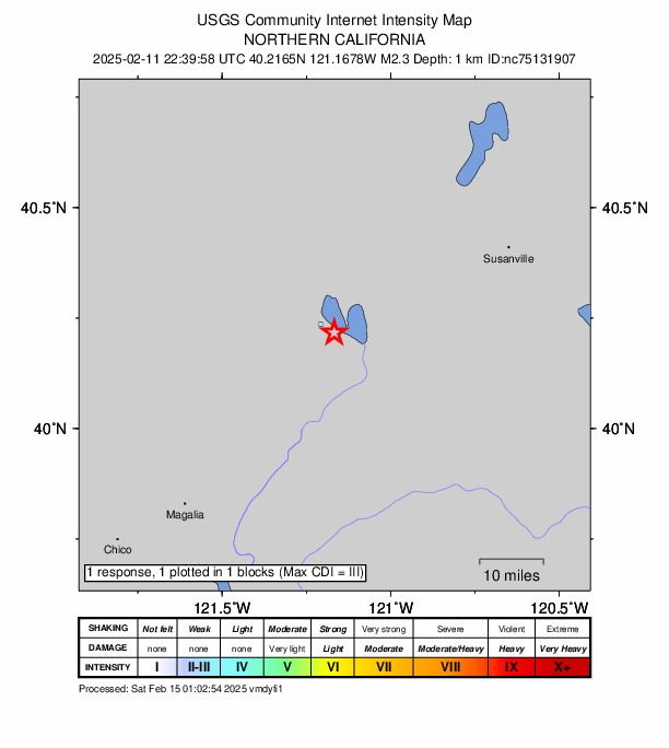 USGS DYFI community-reported intensity map for the M2.3 earthquake near 1 km ESE of Almanor, CA