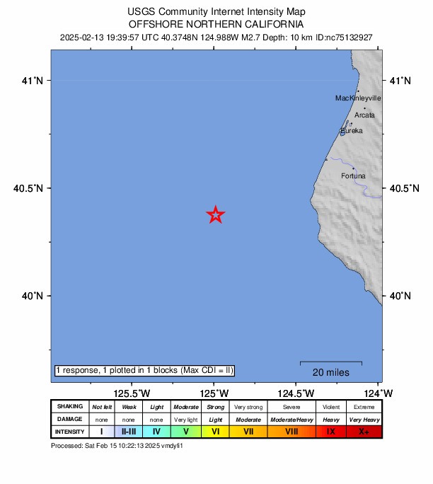 USGS DYFI community-reported intensity map for the M2.7 earthquake near 60 km WNW of Petrolia, CA
