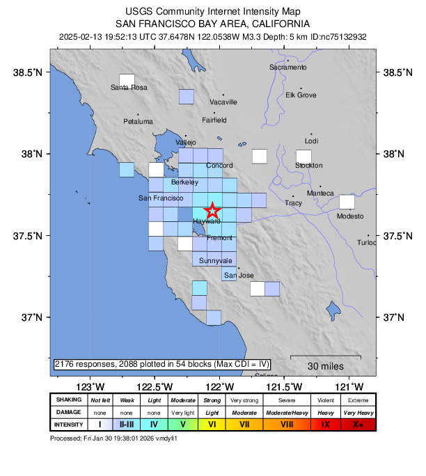 USGS DYFI community-reported intensity map for the M3.3 earthquake near 2 km E of Hayward, CA