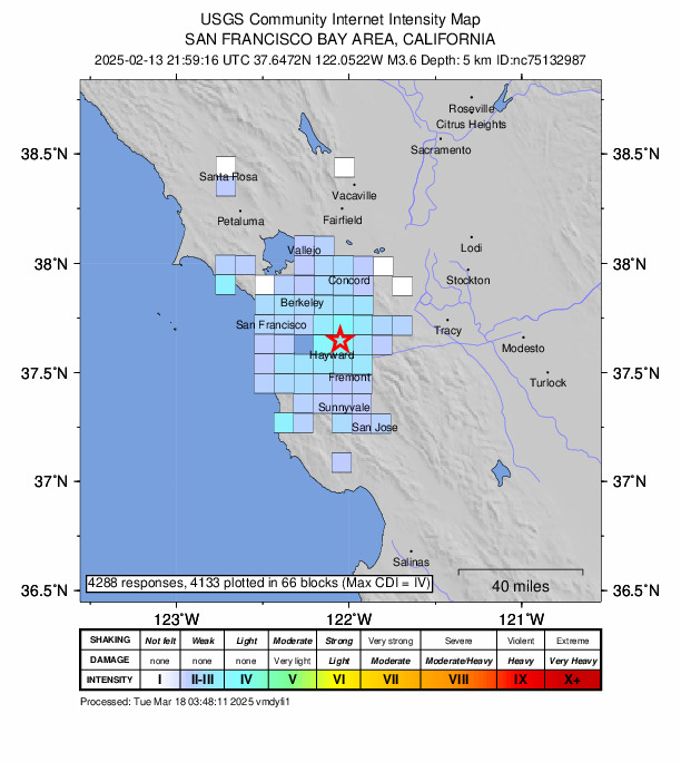 USGS DYFI community-reported intensity map for the M3.6 earthquake near 2 km E of Hayward, CA