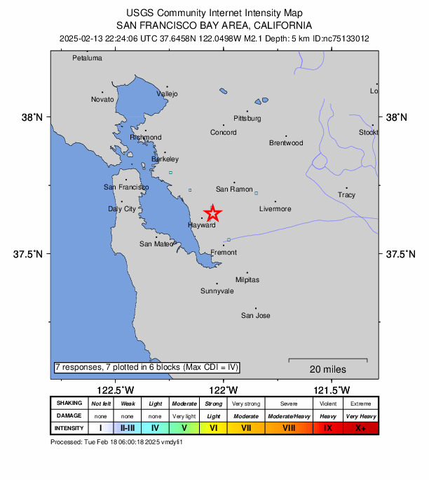 USGS DYFI community-reported intensity map for the M2.1 earthquake near 2 km E of Hayward, CA