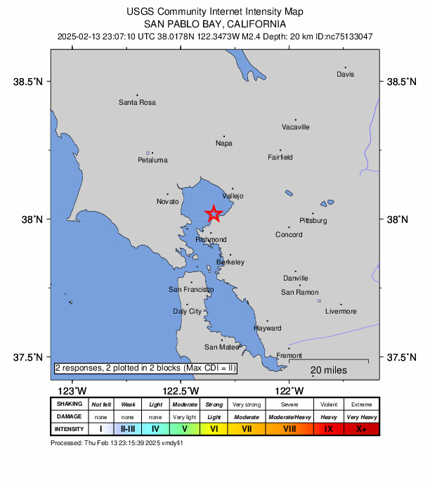 USGS DYFI community-reported intensity map for the M2.4 earthquake near 3 km NW of Bayview-Montalvin, CA