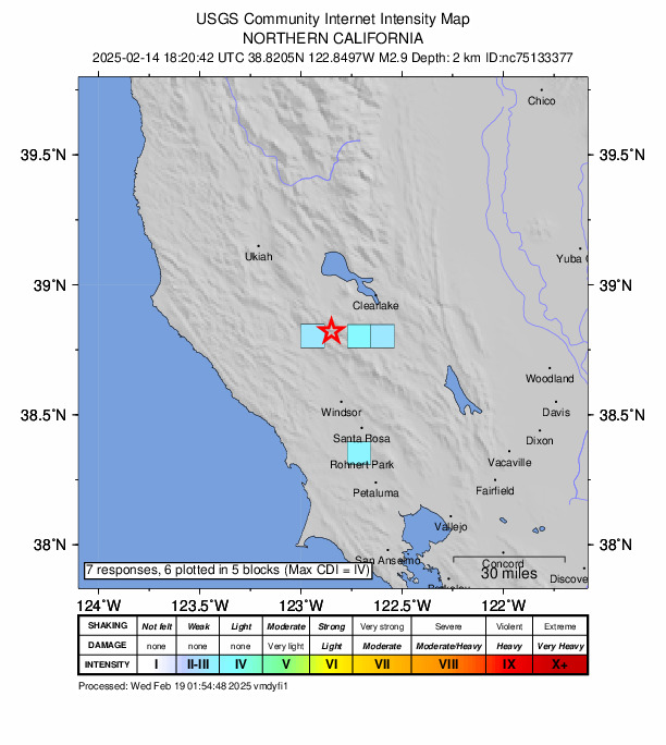 USGS DYFI community-reported intensity map for the M2.9 earthquake near 9 km NW of The Geysers, CA