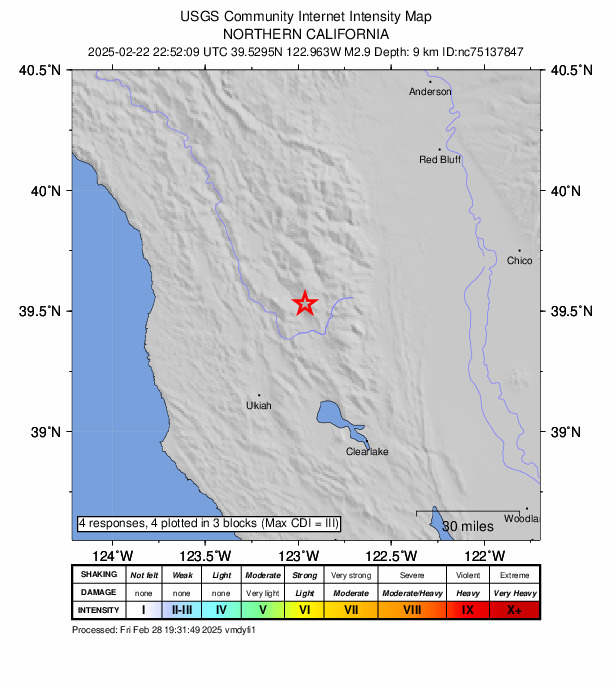 USGS DYFI community-reported intensity map for the M2.9 earthquake near 13 km N of Lake Pillsbury, CA
