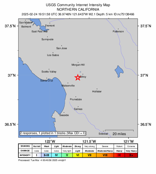 USGS DYFI community-reported intensity map for the M2.1 earthquake near 8 km WSW of Gilroy, CA