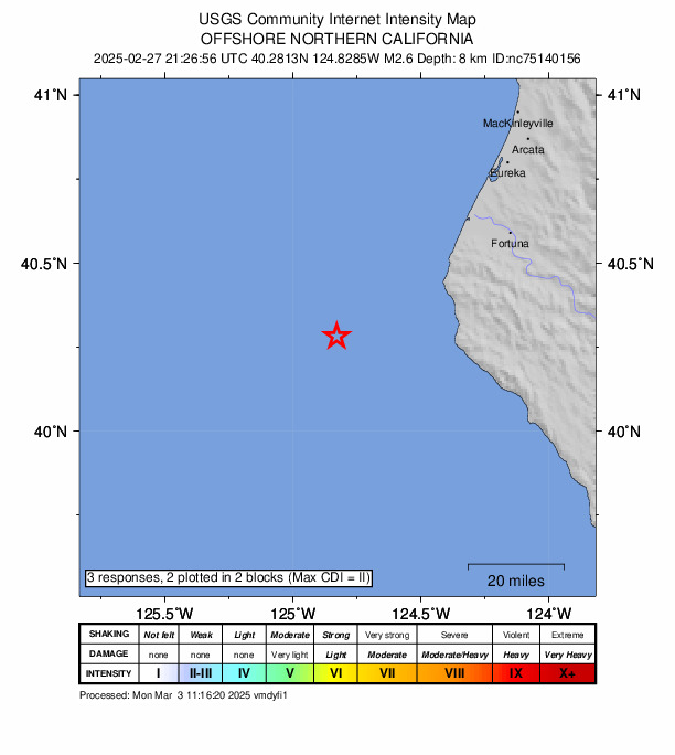 USGS DYFI community-reported intensity map for the M2.6 earthquake near 46 km W of Petrolia, CA