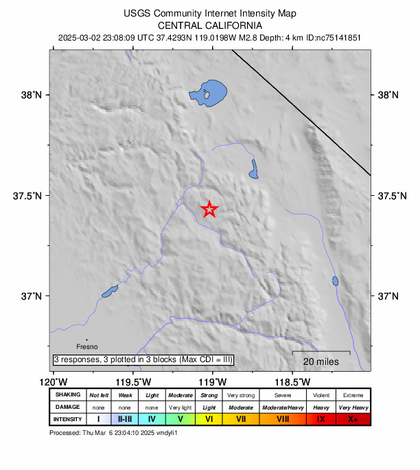 USGS DYFI community-reported intensity map for the M2.8 earthquake near 23 km SSW of Mammoth Lakes, CA