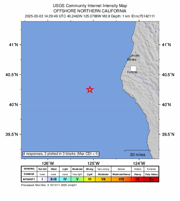 USGS DYFI community-reported intensity map for the M2.8 earthquake near 68 km W of Petrolia, CA