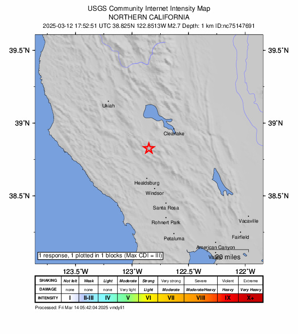 USGS DYFI community-reported intensity map for the M2.7 earthquake near 10 km NW of The Geysers, CA