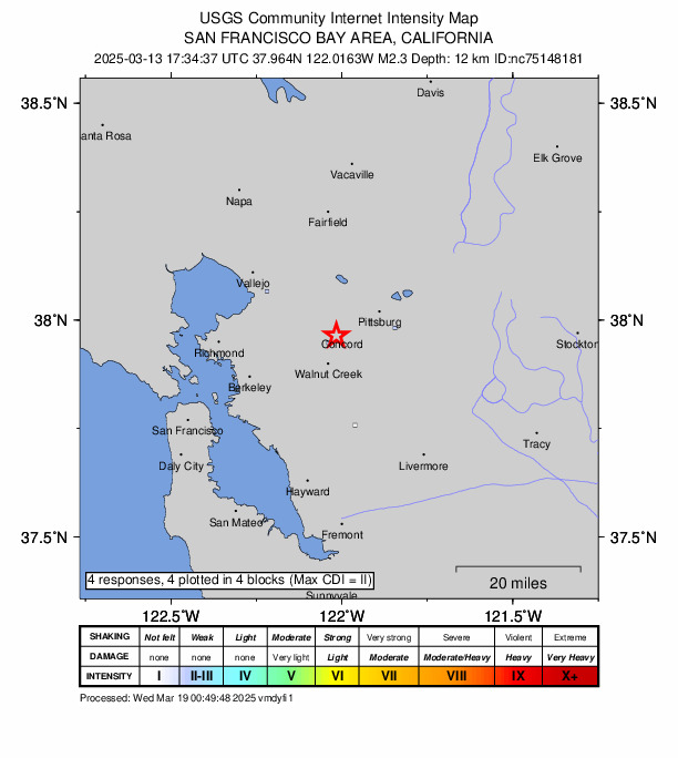 USGS DYFI community-reported intensity map for the M2.3 earthquake near 0 km SSW of Concord, CA