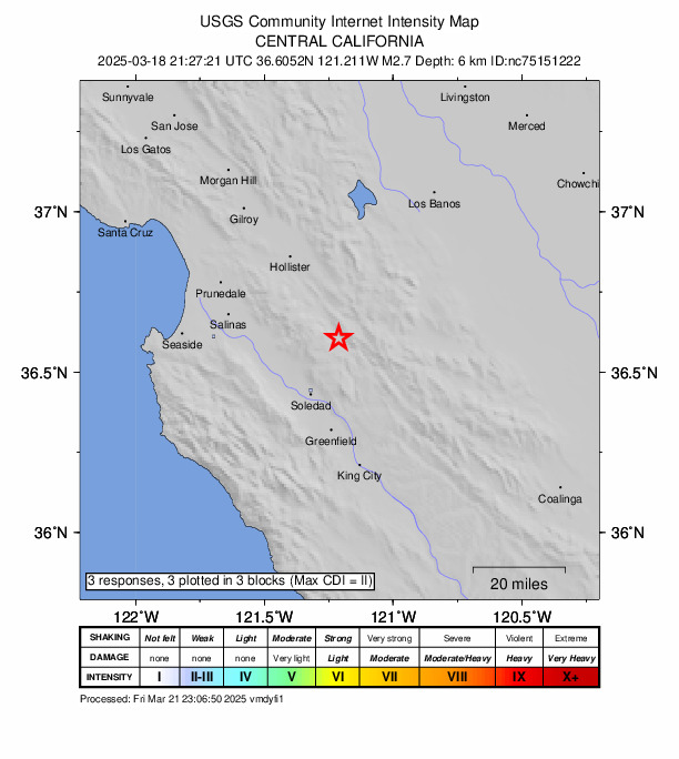 USGS DYFI community-reported intensity map for the M2.7 earthquake near 10 km NNW of Pinnacles, CA