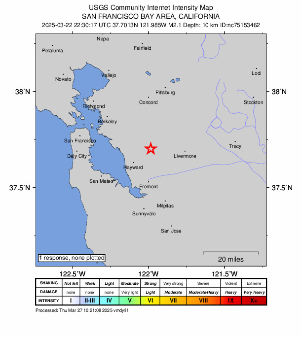 USGS DYFI community-reported intensity map for the M2.1 earthquake near 4 km W of Dublin, CA