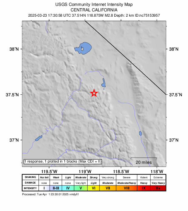 USGS DYFI community-reported intensity map for the M2.8 earthquake near 16 km SSE of Mammoth Lakes, CA