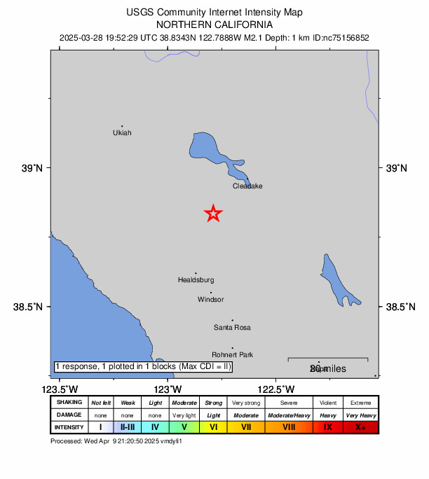 USGS DYFI community-reported intensity map for the M2.1 earthquake near 6 km WNW of Cobb, CA