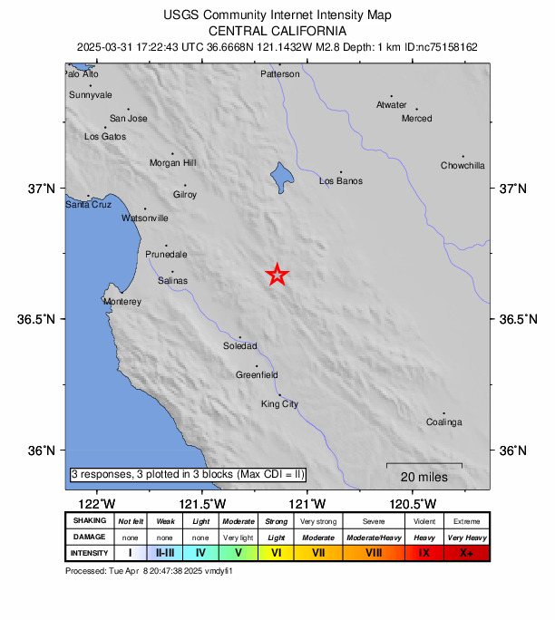 USGS DYFI community-reported intensity map for the M2.8 earthquake near 15 km NNE of Pinnacles, CA