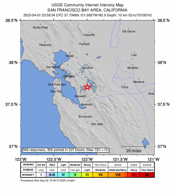 USGS DYFI community-reported intensity map for the M2.9 earthquake near 5 km WNW of Dublin, CA