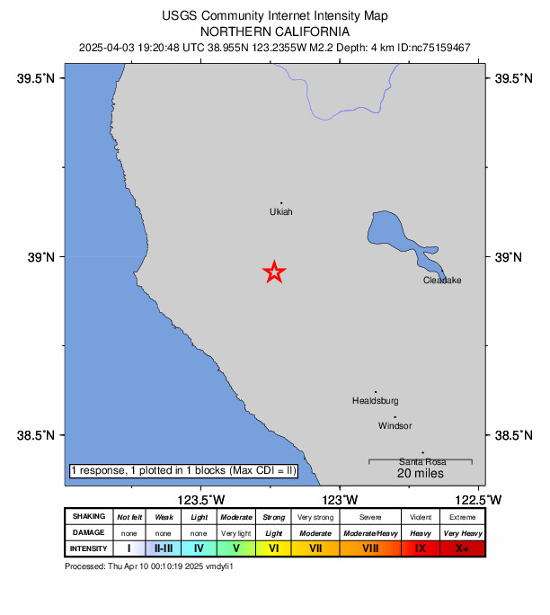 USGS DYFI community-reported intensity map for the M2.2 earthquake near 13 km SE of Boonville, CA